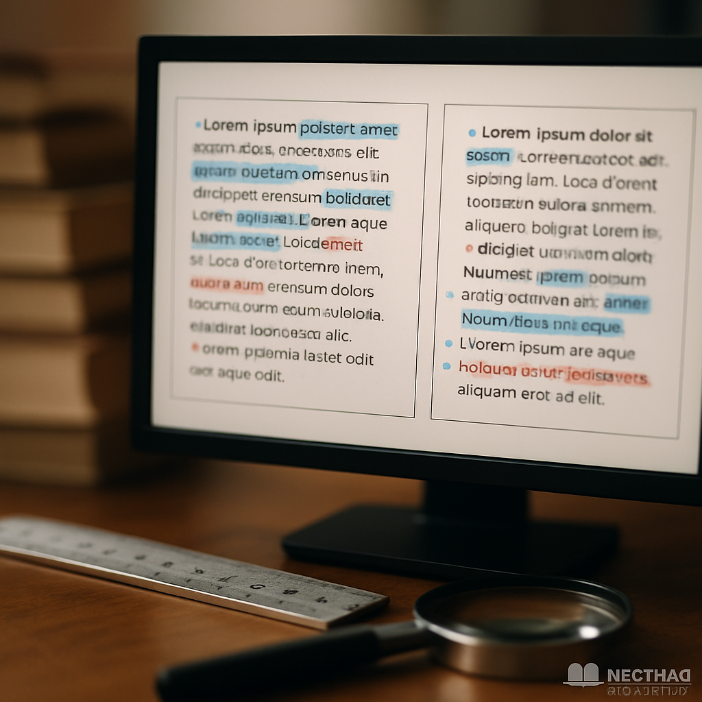 A detailed image showing an office desk with a computer screen comparing two text