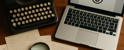 A creative workspace featuring a typewriter and documents, symbolizing a writers journey in protecting