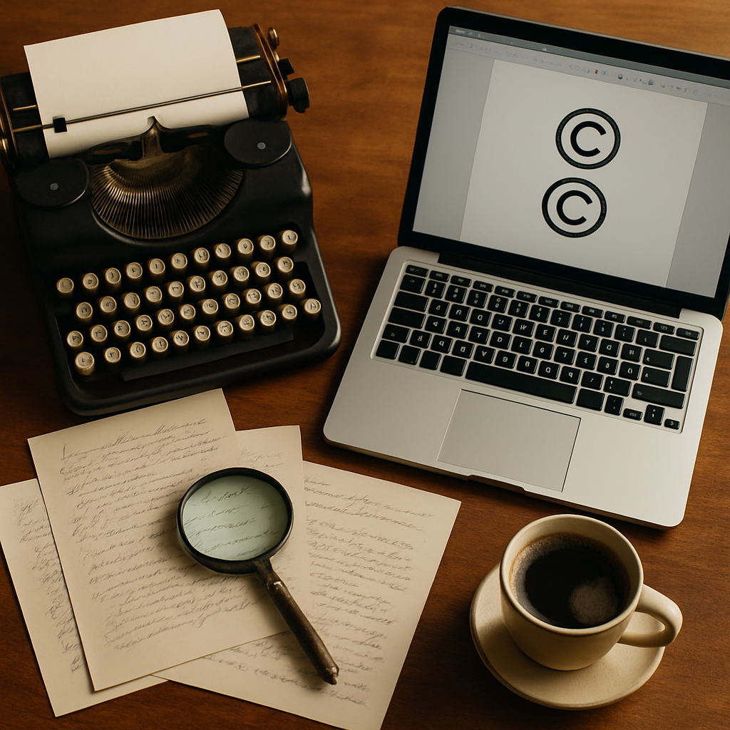 A creative workspace featuring a typewriter and documents, symbolizing a writers journey in protecting