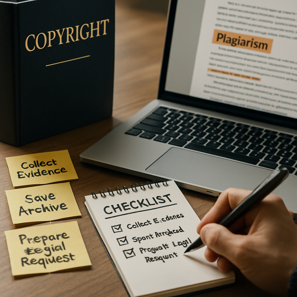 A focused workspace scene demonstrating the steps to address plagiarism in a commercial book,