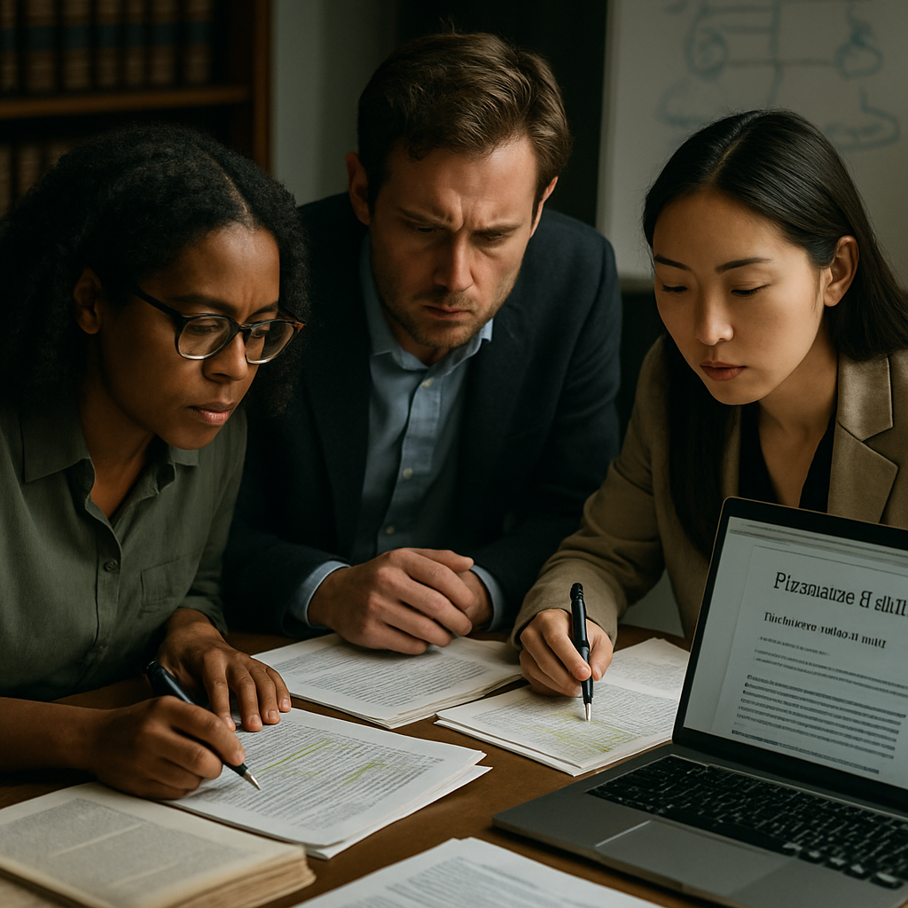 A diverse team collaborating on a plagiarism investigation, with legal documents and a laptop
